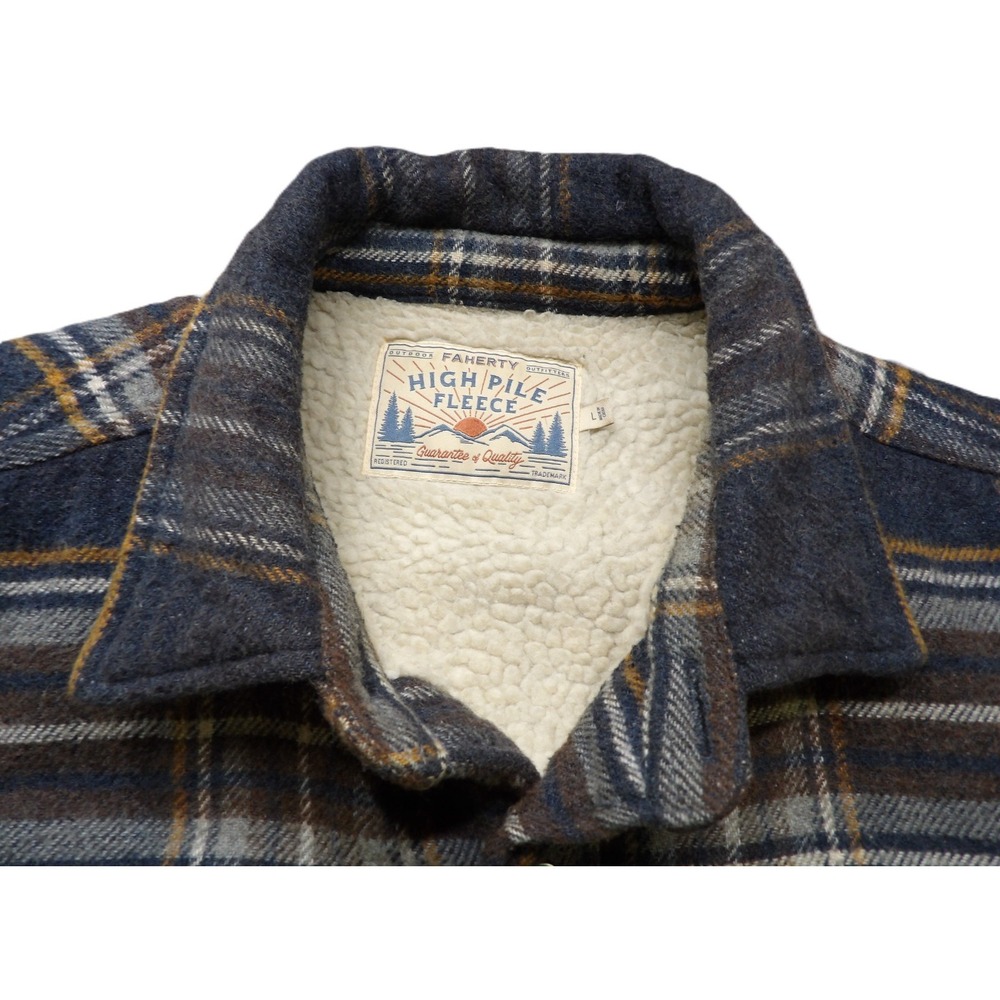 Faherty Men L Vintage Blue Plaid Sherpa High Pile Fleece Wool CPO Shirt Jacket - Picture 9 of 16
